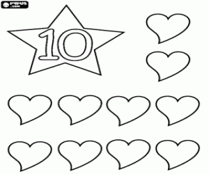 Number 10 in a star with ten hearts coloring page