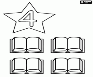 Number 4 in a star with four open books coloring page