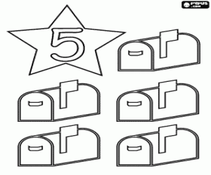 Number 5 in a star with five mailboxes coloring page