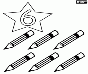 Number 6 in a star with six pencils coloring page