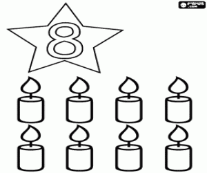 Number 8 in a star with eight candles coloring page