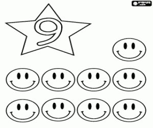 Number 9 in a star with nine smiles coloring page