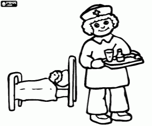 Nurse working in the hospital with a patient in bed coloring page