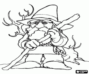 Old gnome or dwarf with his stick and hat coloring page