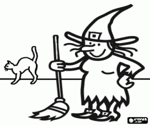 Old witch at home with a broom and the cat coloring page