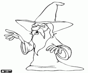 Old wizard with his long beard and large hat coloring page