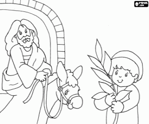 On Palm Sunday, a child with a laurel branch before Jesus coloring page
