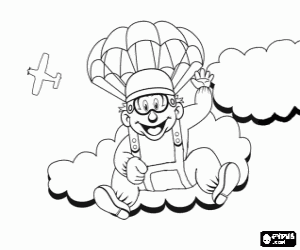 Parachutist down through the clouds in a parachute after jumping from an airplane coloring page