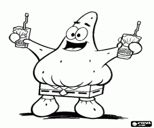 Patrick Star on the beach with two drinks in hand and dressed with Bob