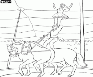 Performance in the two artists circus acrobats, one above the other on two horses in motion coloring page
