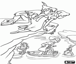 Peter Pan and Wendy watching how the pirates leave the prisoner on a small rock in the middle of the water coloring page