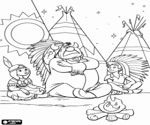 Peter Pan in the camp of the Indian tribe Piccaninny with the young princess Tiger Lily and his father, the indian chief  coloring page