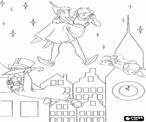 Peter Pan, Wendy, John and Michael flying through the sky over London coloring page