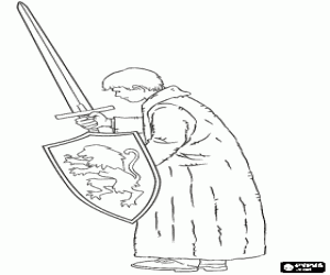 Peter Pevensie with a sword and a shield in Narnia coloring page