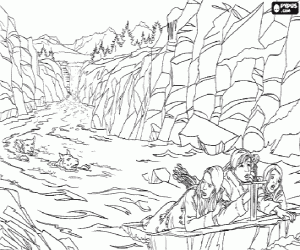 Peter, Susan and Lucy escaping through the river of the persecution of wolves, the police of the White Witch coloring page