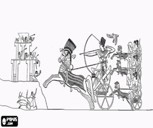 Pharaoh, king of Egypt, and his soldiers with their chariots of war in an attack on the fort, accompanied by a flight of ibis coloring page
