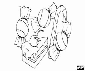 Piece of cake and sweets wrapped in paper coloring page