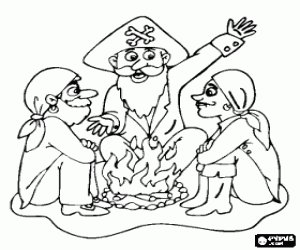 Pirate group gathered around a fire coloring page
