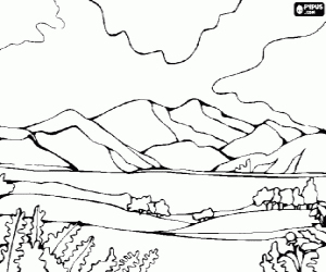 Plain with vegetation and the mountains to the bottom coloring page
