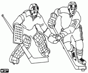 Player and a goalie in an ice hockey match coloring page