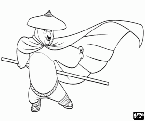 Po, the panda star of Kung Fu Panda, with hat, cape and a long stick coloring page