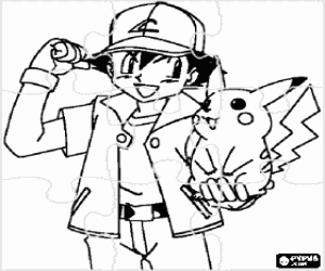 Pokemon puzzle - Ash, trainer of pok�mon, with its first Pok�mon Pikachu coloring page