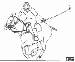 Polo player riding a horse and preparing the long-handled mallet to hit the ball into the opponents goal coloring page