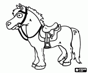 Pony or small horse with the reins and the saddle coloring page