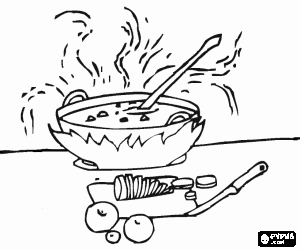 Pot of soup in the kitchen fire coloring page