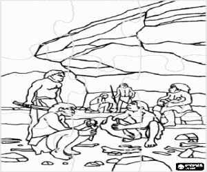 Prehistory puzzle - Group of men of Neanderthal under the protection of a rock shelter, the individuals realising different activities: chartting stones, others preparing the hunting and a woman nursing coloring page