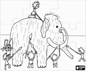Prehistory puzzle - Group of prehistoric men armed with spears in the hunting of a mammoth coloring page