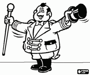 Presenter of circus with his in full dress with top hat or cylinder hat coloring page