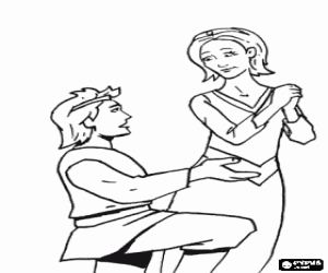 Prince kneeling in front the princess in the marriage proposal coloring page