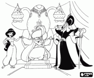 Princess Jasmine with his father, the Sultan, and Jafar, in the throne room coloring page
