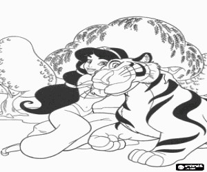 Princess Jasmine with his pet, the tiger Rajah, on the palace gardens coloring page