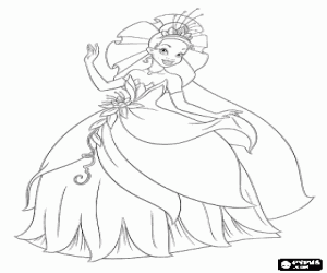 Princess Tiana with a beautiful party dress coloring page