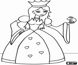 Princess with a crown and a frog in her hand coloring page