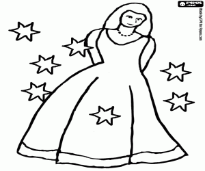 Princess with a long dress and surrounded by stars coloring page