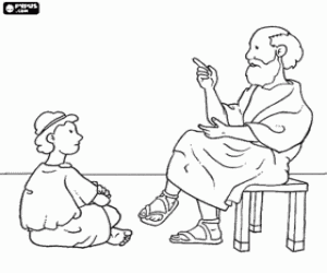 Professor or teacher, sitting on a stool, to teach a young boy, sitting on the floor coloring page