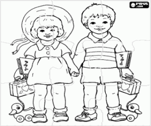 Puzzle of a boy and a girl, each with a book, a small suitcase and a toy duck coloring page