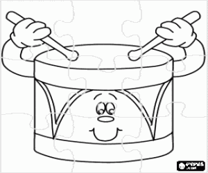 Puzzle of a drum, animated and with face, beaten with a pair of drumsticks coloring page