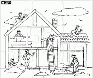 Puzzle of a house under construction with different operators working coloring page