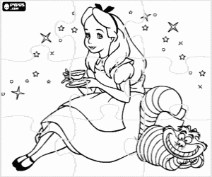 Puzzle of Alice with a cup of tea and the magic cat at her side - Alice in Wonderland puzzle coloring page