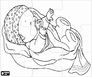 Puzzle of Baby wrapped in a blanket with hat and sucking pacifier or dummy coloring page