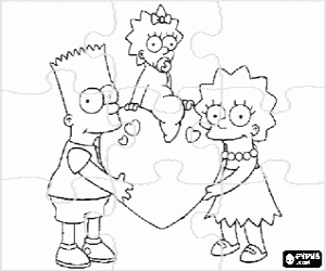 Puzzle of Bart and Lisa, the older brothers, rising the little Magie on a heart coloring page