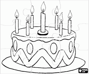 Puzzle of birthday cake with seven candles lit coloring page