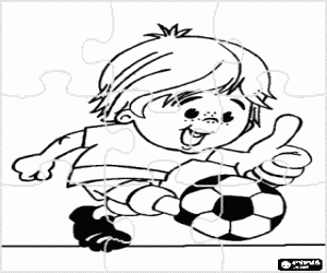 Puzzle of boy playing football coloring page