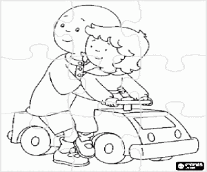 Puzzle of Caillou mounted in a small toy car along with his sister Rosie coloring page