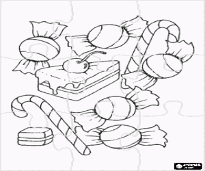 Puzzle of candies, candy sticks and a piece of cake coloring page
