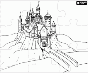 Puzzle of castle with a bridge over the river and open drawbridge coloring page